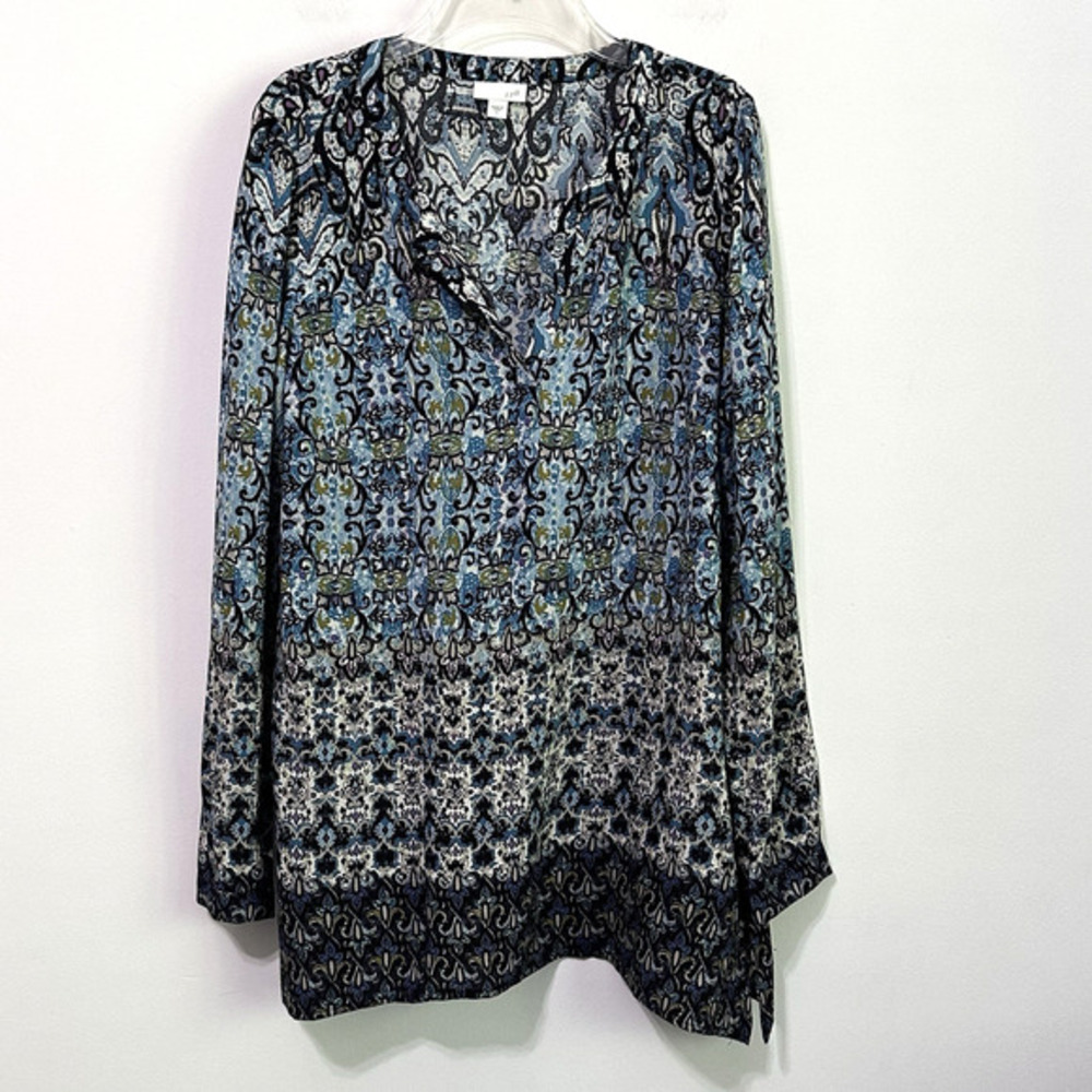 J Jill Tunic S Top Split V Neck‎ Long Sleeve Geo Print Rayon Lightweight Popover